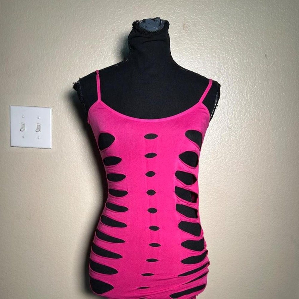 2000s Slashed Cutout Scene Cami Tank Top Pink Y2K Small